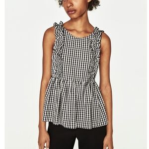 Zara Black and White Checked Ruffle Top